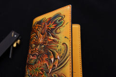 Handmade Leather Tooled Chinese Lion Mens Chain Biker Wallet Cool Leather Wallet With Chain Wallets for Men