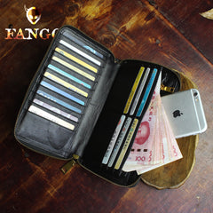 Handmade Leather Mens Tooled Floral Cool Zipper Phone Travel Long Wallet Card Holder Card Slim Clutch Wallets for Men