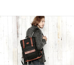 Black Fashion Canvas Leather Mens Laptop Backpack College Backpack Travel Backpack for Men - iwalletsmen