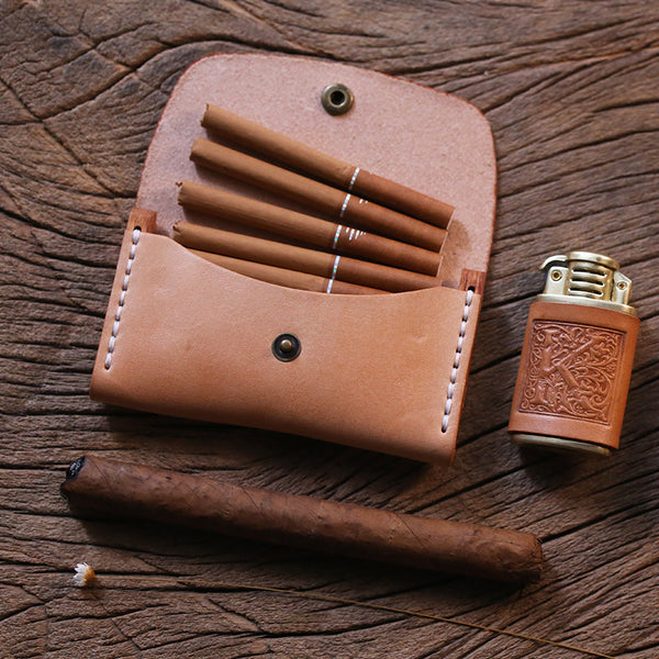 Handmade Wooden Beige Leather Mens 7pcs Cigarette Case Cool Custom Cigarette Holder for Men - iwalletsmen
