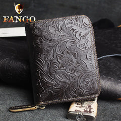 Handmade Leather Floral Mens Zipper Cool billfold Wallet Card Holder Small Card Slim Wallets for Men