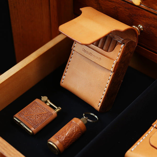 Wooden Beige Leather Mens Cigarette Case Cool Custom Cigarette Holder for Men - iwalletsmen