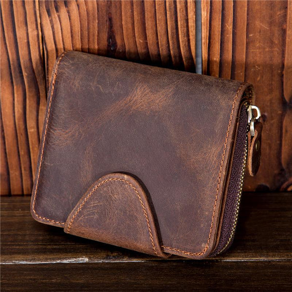 Leather Mens Wallet billfold Zipper Bifold Wallet Vintage Wallet for Men - iwalletsmen