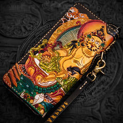 Handmade Leather Tooled Yellow Jambhala Mens Chain Biker Wallet Cool Leather Wallet Zipper Long Phone Wallets for Men