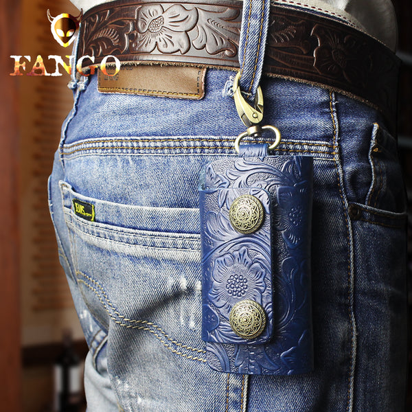 Handmade Leather Floral Mens Cool Car Key Wallet Coin Wallet Pouch Car KeyChain for Men