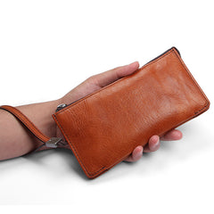 Handmade Leather Mens Cool Long Leather Wallet Zipper Clutch Wristlet Wallet for Men