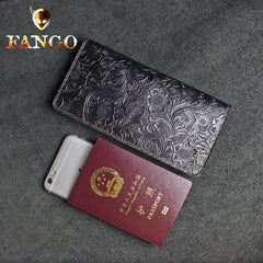 Handmade Leather Floral Mens Cool Travel Long Wallet Passport Card Holder Card Slim Wallets for Men