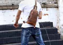 Handmade Leather Mens Cool Chest Bag Sling Bag Crossbody Bag Travel Bag Hiking Bag for men