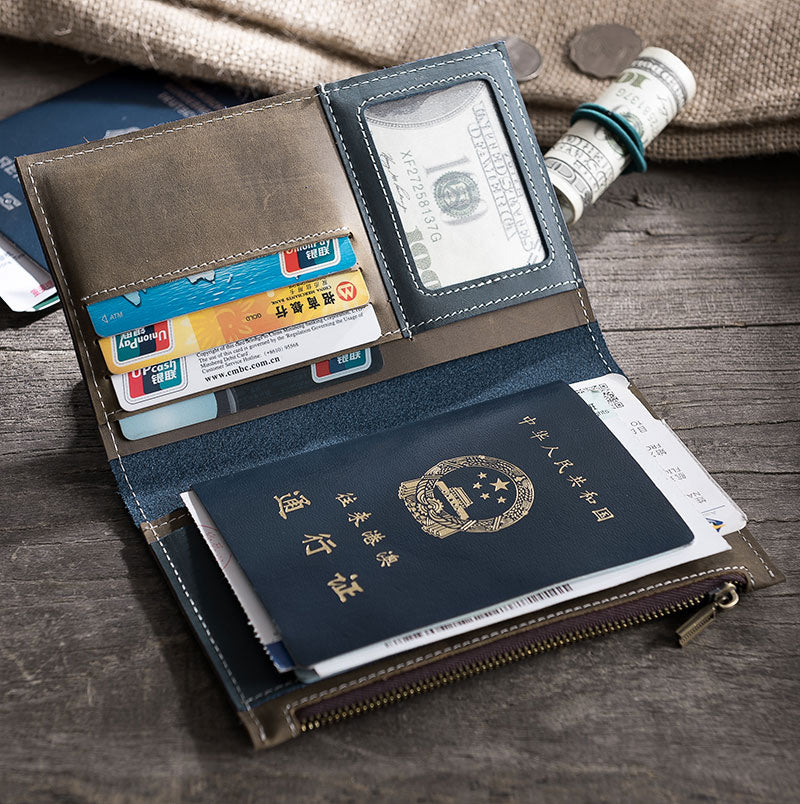 Handmade Leather Mens Travel Wallet Passport Leather Wallet billfold Long Wallets for Men