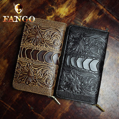 Handmade Leather Mens Tooled Floral Cool Zipper Phone Travel Long Wallet Card Holder Card Slim Clutch Wallets for Men