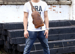 Handmade Leather Mens Cool Chest Bag Sling Bag Crossbody Bag Travel Bag Hiking Bag for men