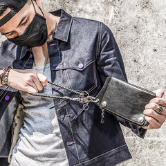 Genuine Mens Cool Long Leather Chain Wallet Cards Biker Trucker Wristlet Wallet - iwalletsmen