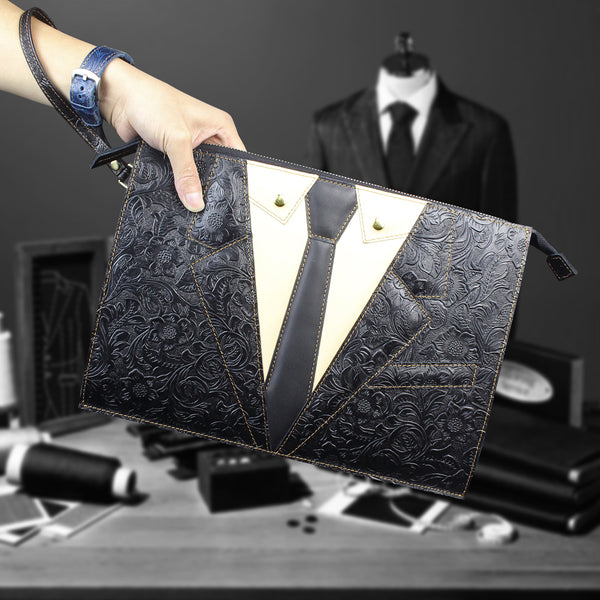 Handmade Leather Floral Tooled Mens Clutch Cool Slim Wallet Zipper Clutch Wristlet Wallet for Men