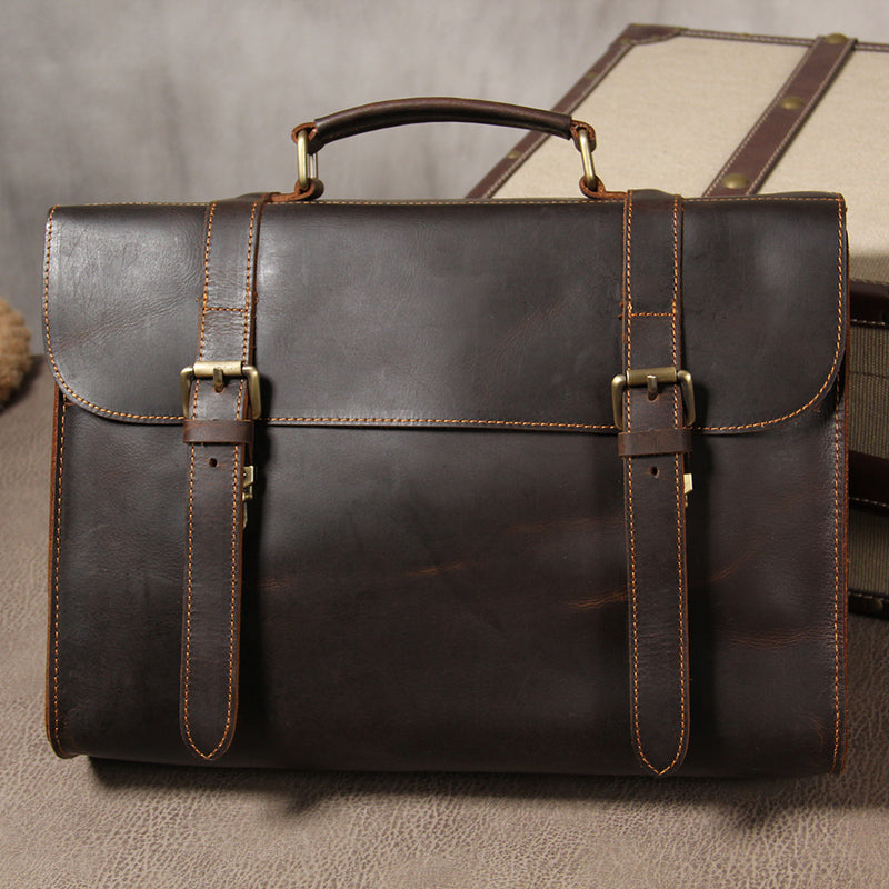 Genuine Leather Vintage Coffee Brown Mens Briefcase Messenger Bag Work Bag Business Bag for Men