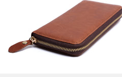 Genuine Leather Mens Cool Long Leather Wallet Zipper Clutch Wristlet Wallet for Men