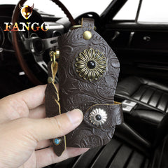 Handmade Leather Floral Mens Cool Car Key Wallet Coin Wallet Pouch Car KeyChain for Men