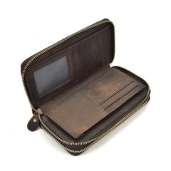 Handmade Leather Mens Cool Long Leather Wallet Zipper Wristlet Bag Clutch Wallet for Men