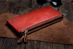 Handmade Leather Mens Cool Long Leather Wallet Slim Zipper Clutch Wristlet Wallet for Men