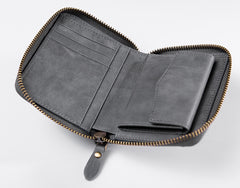 Handmade Leather Mens Cool Slim Leather Zipper Wallet Men Small Wallets Bifold for Men