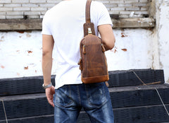 Handmade Leather Mens Cool Chest Bag Sling Bag Crossbody Bag Travel Bag Hiking Bag for men