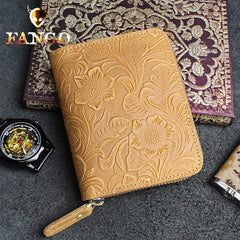 Handmade Leather Floral Mens Zipper Cool billfold Wallet Card Holder Small Card Slim Wallets for Men