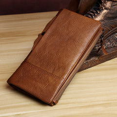 Handmade Leather Mens Cool Long Leather Wallet Card Wallet Clutch Wristlet Wallet for Men