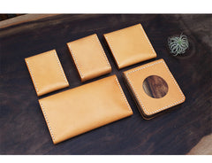 Handmade Wooden Brown Leather Mens Wallet Small Card Holder Coin Wallet for Men - iwalletsmen