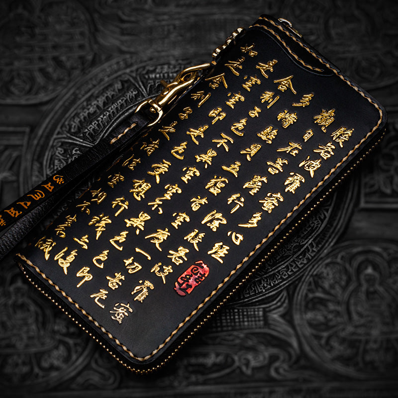 Handmade Leather Mens Chain Chinese Handwriting Biker Wallet Cool Leather Wallet Long Phone Wallets for Men