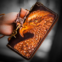 Handmade Leather Mens Tooled Eagle Chain Biker Wallet Cool Leather Wallet Long Clutch Wallets for Men