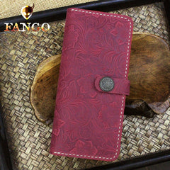 Handmade Leather Floral Mens Cool Travel Long Wallet Card Holder Card Slim Clutch Wallets for Men