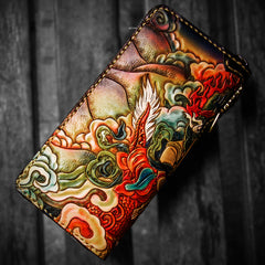 Handmade Leather Tooled White Jambhala Mens Chain Biker Wallet Cool Leather Wallet Zipper Long Phone Wallets for Men