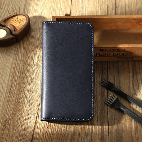 Blue Leather Mens Bifold Long Wallets Personalized Handmade Blue Travel Leather Wallet for Men - iwalletsmen