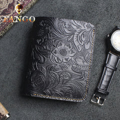 Handmade Leather Floral Mens Cool Slim Leather Wallet Men billfold Wallets Bifold for Men