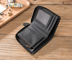 Handmade Leather Mens Cool Slim Leather Zipper Wallet Men Small Wallets Bifold for Men