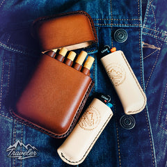 Beige Leather Mens Engraved Skull Cigarette Holder Case Vintage Custom Cigarette Case for Men - iwalletsmen