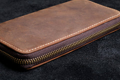 Genuine Leather Mens Cool Long Leather Wallet Zipper Clutch Wristlet Wallet for Men