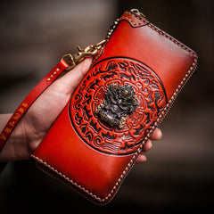 Handmade Leather Tibetan Mens Chain Biker Wallet Cool Leather Wallet Long Clutch Wallets for Men
