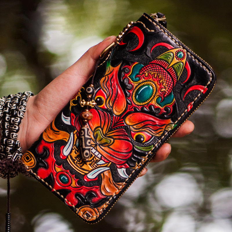 Handmade Leather Tooled Chinese Monster Mens Chain Biker Wallet Cool Leather Wallet Zipper Long Phone Wallets for Men