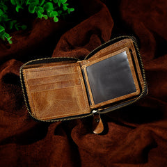 Handmade Leather Mens Cool Zipper Leather Wallet Card Wallet Men Small Wallets Bifold for Men