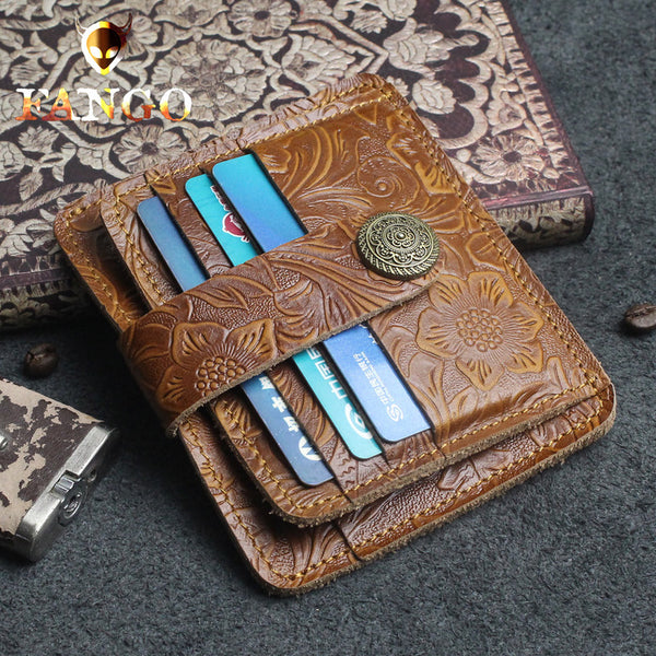 Handmade Leather Floral Mens Cool Front Pocket Wallet billfold Wallet Card Holder Small Card Slim Wallets for Men