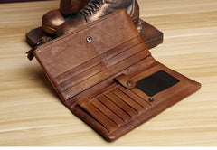 Handmade Leather Mens Cool Long Leather Wallet Card Wallet Clutch Wristlet Wallet for Men