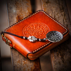 Handmade Leather Tibetan Tooled Mens billfold Wallet Cool Chain Wallet Biker Wallet for Men
