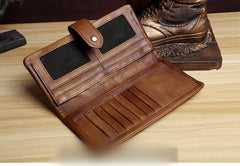 Handmade Leather Mens Cool Long Leather Wallet Card Wallet Clutch Wristlet Wallet for Men