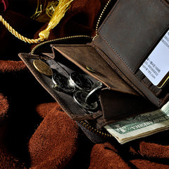 Handmade Leather Mens Cool Zipper Leather Wallet Card Wallet Men Small Wallets Bifold for Men