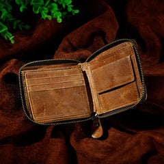 Handmade Leather Mens Cool Zipper Leather Wallet Card Wallet Men Small Wallets Bifold for Men