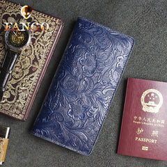 Handmade Leather Floral Mens Cool Travel Long Wallet Passport Card Holder Card Slim Wallets for Men