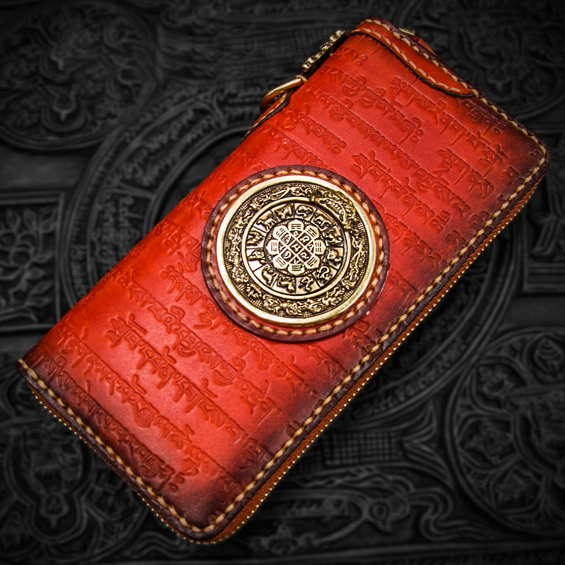 Handmade Leather Tibetan Mens Chain Biker Wallet Cool Leather Wallet Long Clutch Wallets for Men