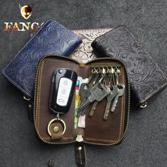 Handmade Leather Floral Mens Cool Car Key Wallet Coin Wallet Pouch Car KeyChain for Men