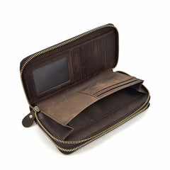 Handmade Leather Mens Cool Long Leather Wallet Zipper Wristlet Bag Clutch Wallet for Men
