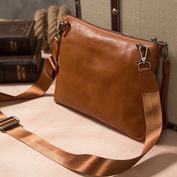 Leather Mens Clutch Wristlet Bag Brown Shoulder Bag Zipper Clutch for Men